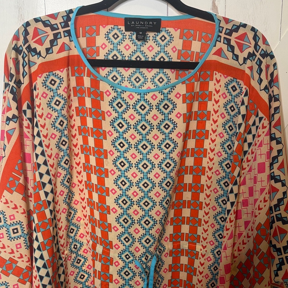 Laundry by Shelli Segal Geometric Orange Teal Poncho - Picture 2 of 8